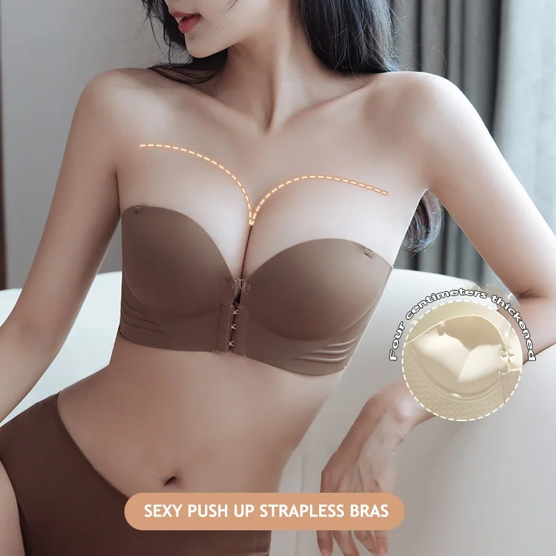 Strapless Bras Women Front Closure Seamless Brassiere Push Up Thick Underwear Adjustable Female Soft Solid Invisible Lingerie