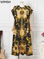 VONDA Plus Size 5XL Fashion Maxi Long Dress 2024 Elegant Satin Dress Sexy Printed Patchwork Bat-wing Sleeve Vestidos Ruffle Robe - Image 4