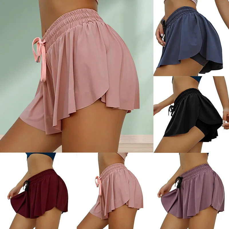 

Women Pants Elastic Waist Chiffon Fake Two Piece Beach Shorts Loose Running Gym Yoga Summer