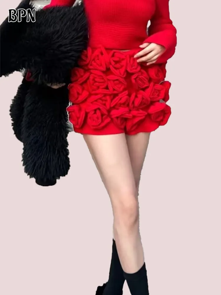 BPN Temperament Patchwork Applique Party Shorts For Women High Waist Solid Slimming Fashion Short Pants Female Clothing New 2024