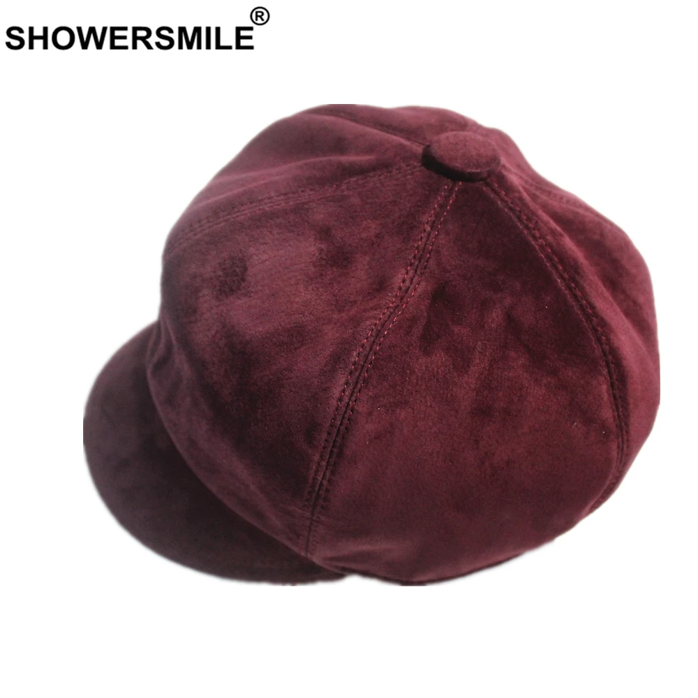 SHOWERSMILE Black Genuine Suede Leather Newsboy Cap Ladies Beret Autumn Winter Hats for Women British style Female Painter Hat