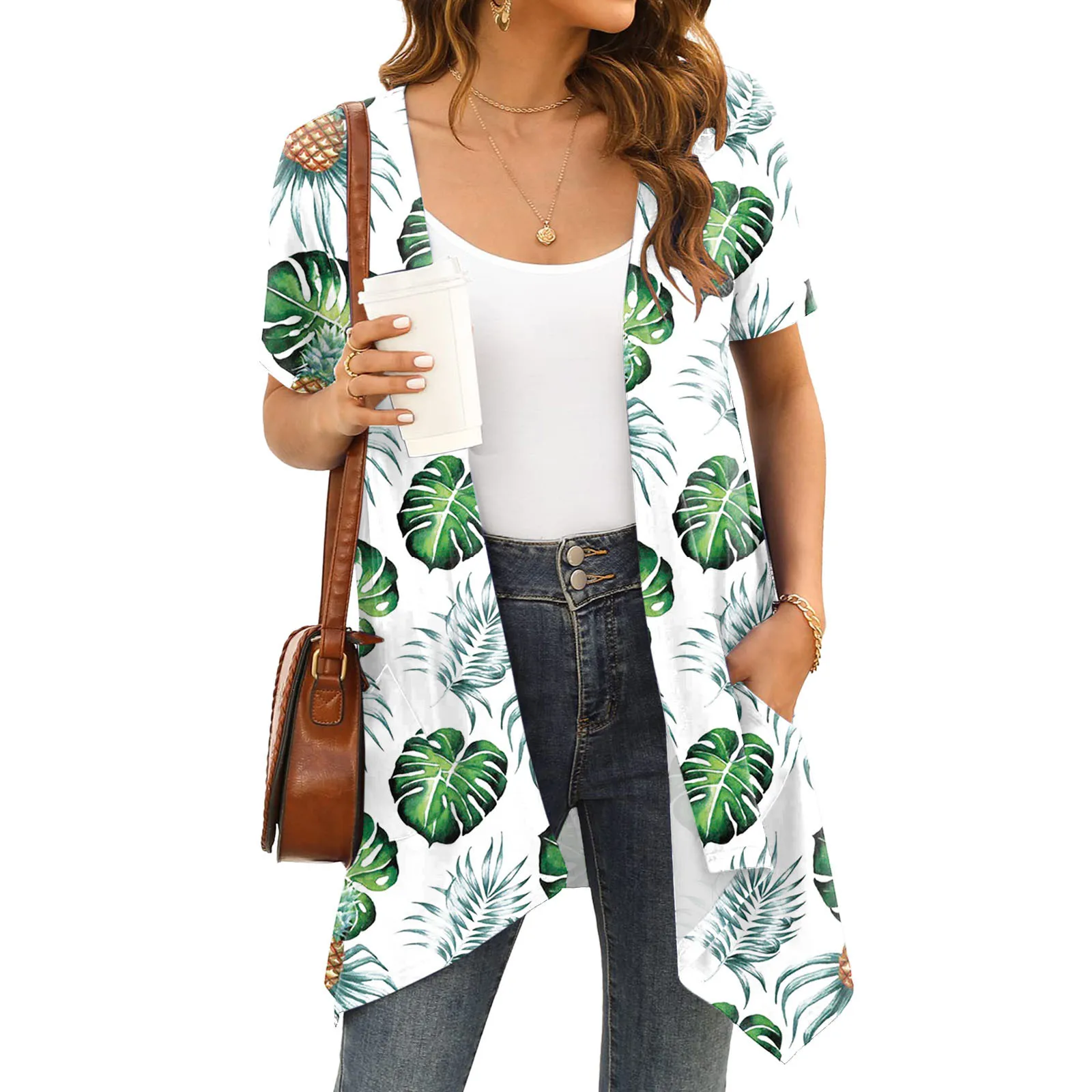 

Women Floral Printed Cardigan Open Front Lightweight Tops Beach Blouse Cardigan Pocket Lady Solid Tops Long Oversized Cardigan