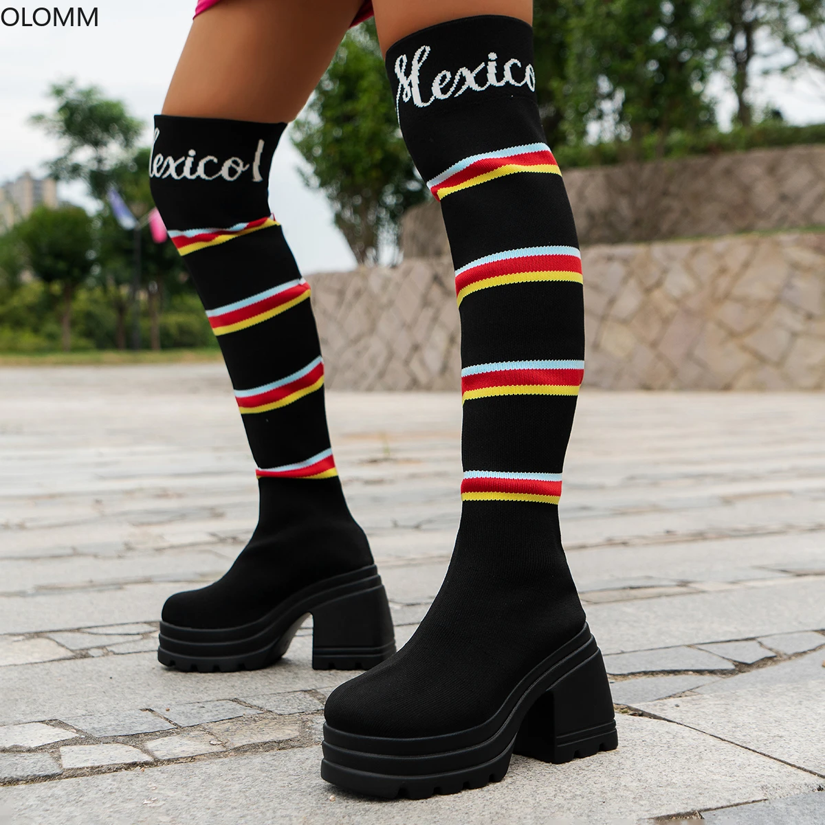 

Knit Knitted Over Knee Thigh Boots Womens Platform Stretchy Long Warm Shoes Match Colors Ladies New 2023