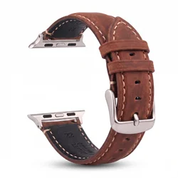 Vintage Crazy Horse Cowhide Leather Watchband Bracelet - 42mm 44mm 45mm 49mm (Coffee Silver Link)