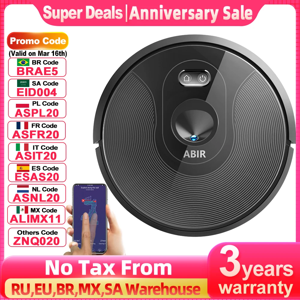 (Kod kuponu: HOT666) Odkurzacz automatyczny ABIRX6PRO z inteligentny system oka, ssanie 6000 Pa,wirtualna ściana oprogramowania,czyszczenie stref,dezynfekcja mopem na mokro,pamięć map, kompatybilny z Alexa,Google Home - AliExpress 6