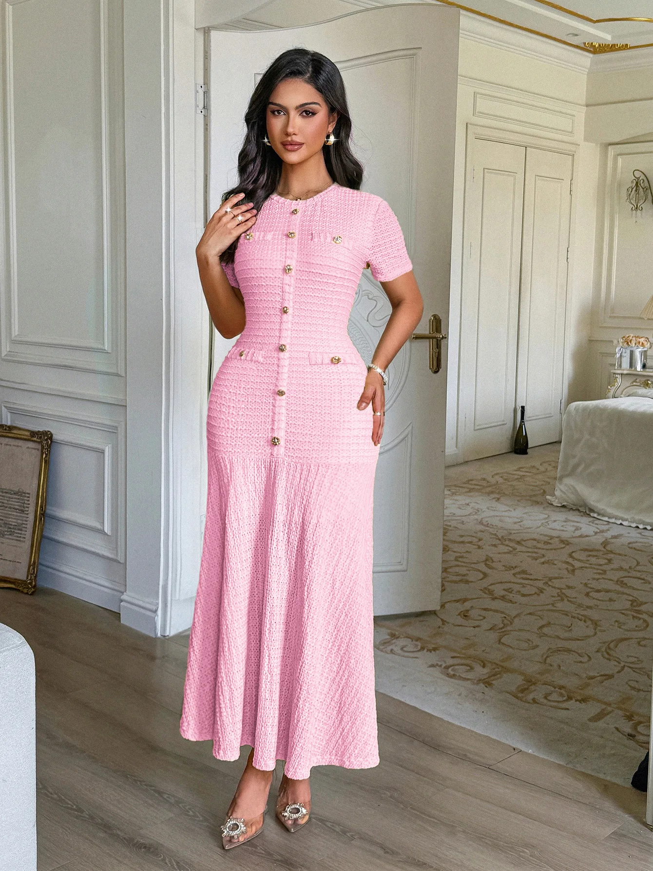 Women's Solid Color Midi Dress Short Sleeve Gold Button Decorated Fitted Flared Hem Gown Elegant Retro Outfit Dating & Parties