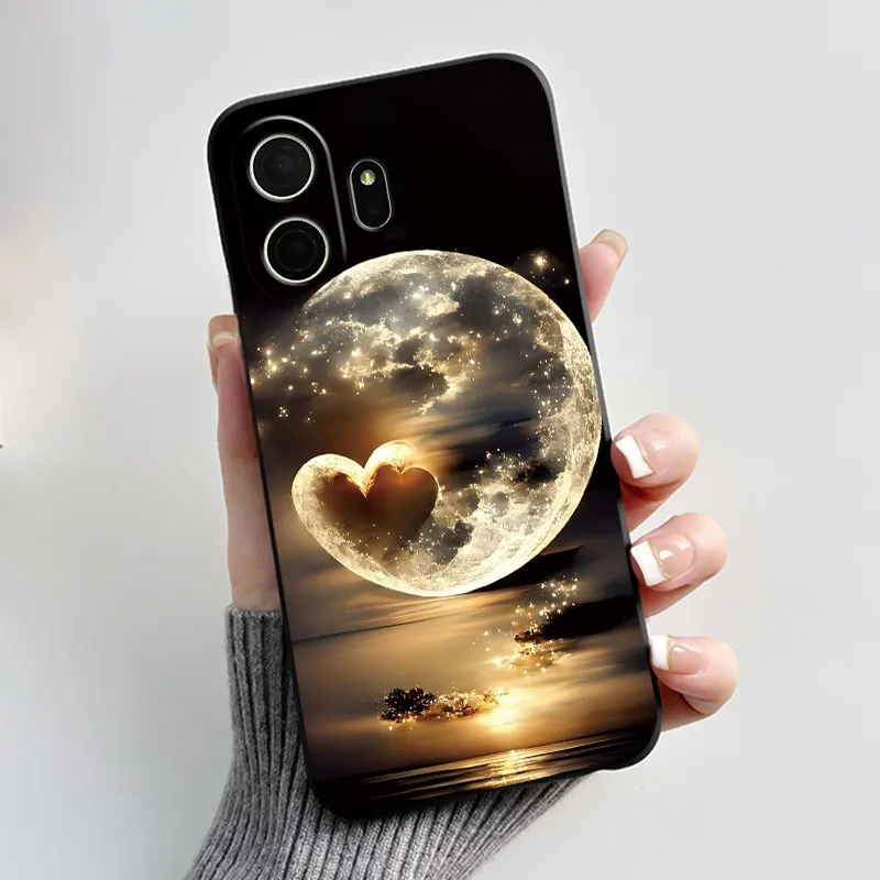 Black Silicone Shockproof Phone Case with Love Moon Pattern - Stylish and Protective Design