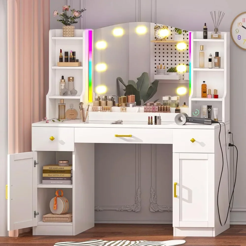 Desk with Mirror and Lights, Large Vanity Table with Charging Station LED Lights, Glass Tabletop Cabinets