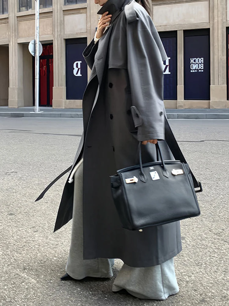 YERMORA Fashion Designer Long Trench Coat Women Lapel Double Breasted Belt Gathered Waist Windbreaker 2024 Autumn Winter New