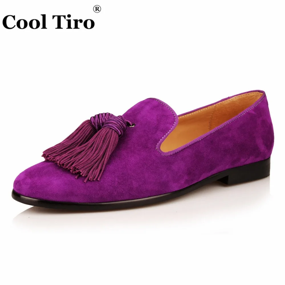 Men Handmade Shoes Purple Suede Loafers Men's Moccasins Tassels Slippers Wedding Dress Shoes Casual Flats Real Leather Black