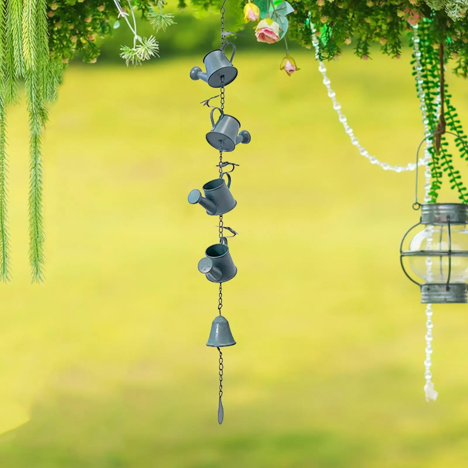 Metal Watering Can with Bell Chime, Rain Chain, Display Stand