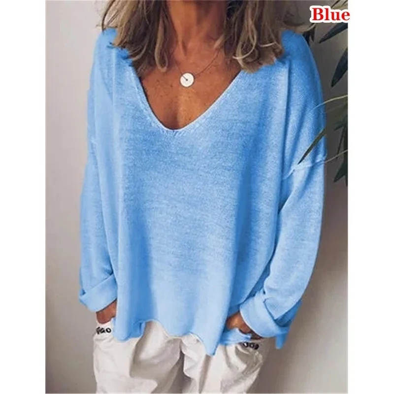 2023 Summer New Women T-Shirt Autumn Solid Color Casual Versatile  Loose Tops V-Neck Blouses Long Sleeve Shirt