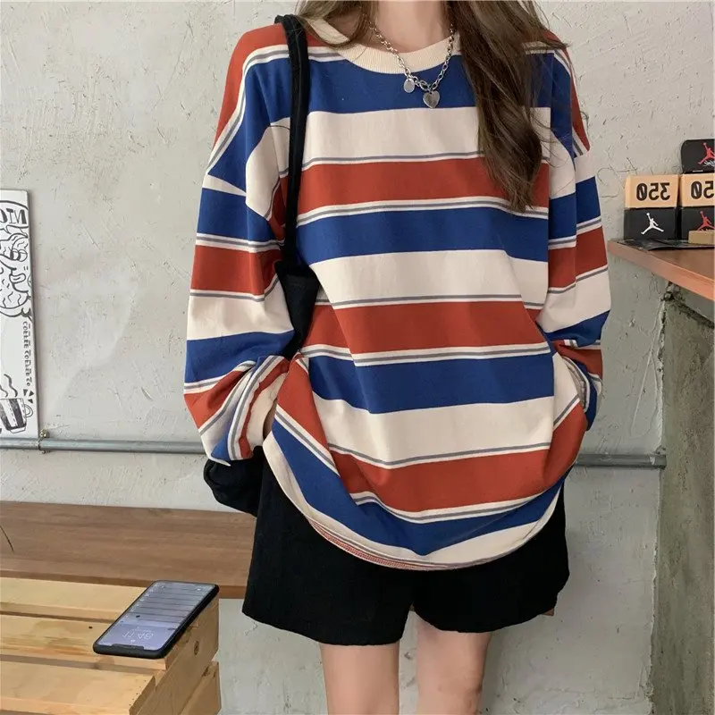 Women s Stylish Long Sleeve Striped Round Neck Pullover Top with Loose Fit and Fashionable Print Design