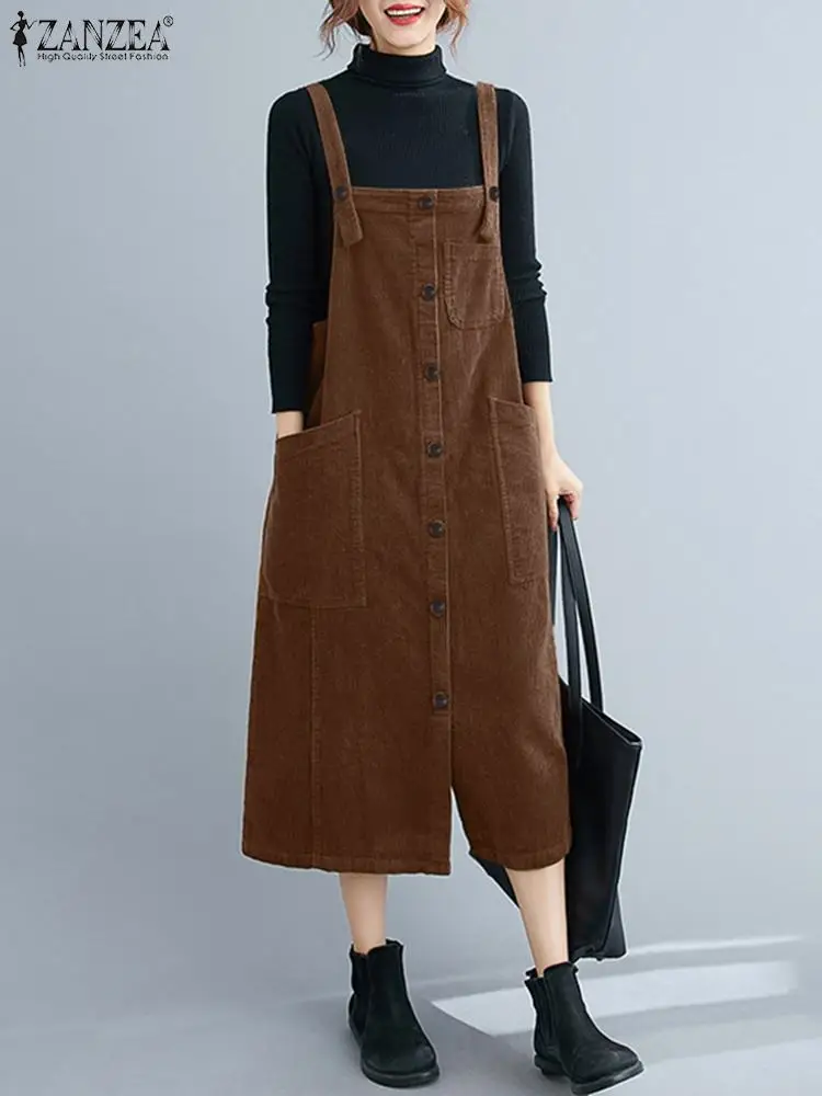 

ZANZEA Spring Fashion Square Collar Dresses Vintage Corduroy Suspender Dress Sleeveless Solid Color Sundress Woman Elegant Robe