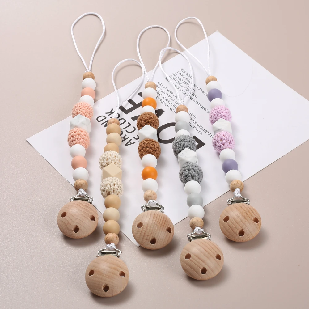 Beech Wood Dummy Holder Clips Wooden Crochet Ball Silicone Beaded Baby Pacifier Chain Food Grade Appease Nipple Chain Care Toy