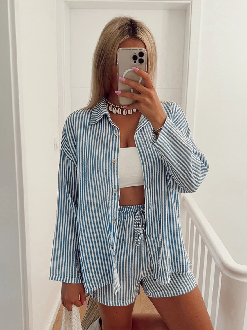 Mathaqiqi 2024 New Striped Ladies Sleepwear Set Sexy Turn-Down Collar Pajama Long Sleeve Nightgowns Shorts Casual Nightwear Suit