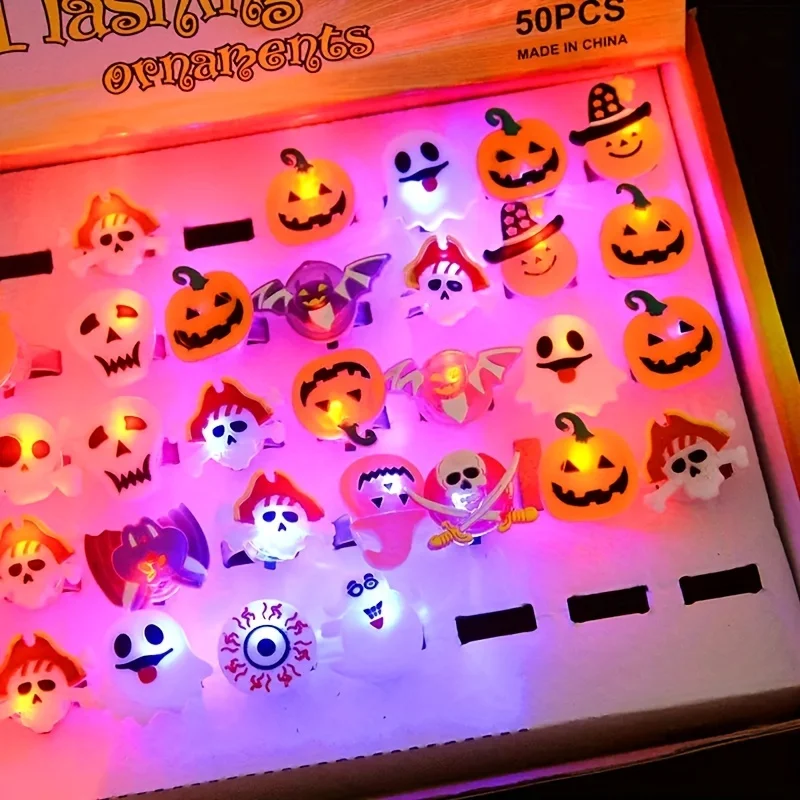 Description Picture 3 of item50pcs LED Cartoon Light Up Ring Glowing Luminous Finger Rings Glow In The Dark Christmas Halloween Party Supplies Kids Gift