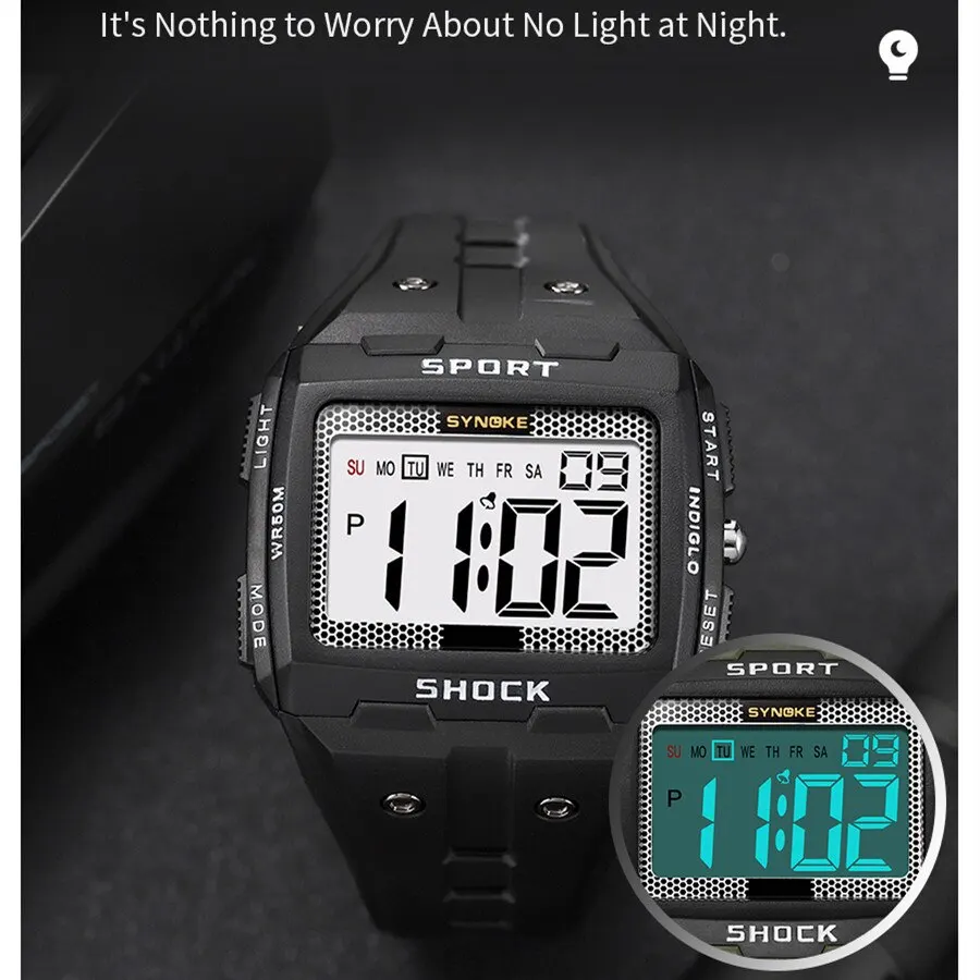 Men's Sports Waterproof Night Glow Watch - Large Screen Square Design for Outdoor Running and Camping