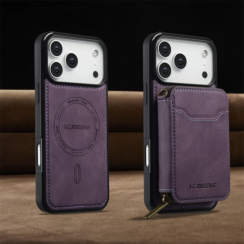 Magnetic Dual-Function Leather Wallet Phone Case with Zipper Card Holder