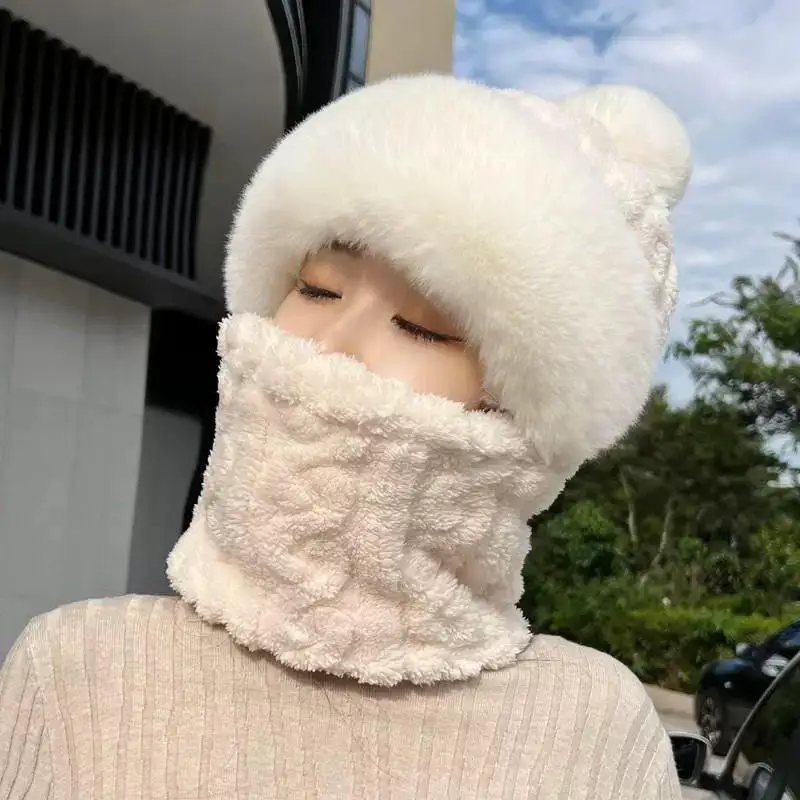 Winter Scarf Set Hooded Hat Set Women Thick Plush Neck Warm Outdoor Skiing Caps Windproof Plush Hat Plush Fluffy Beanies