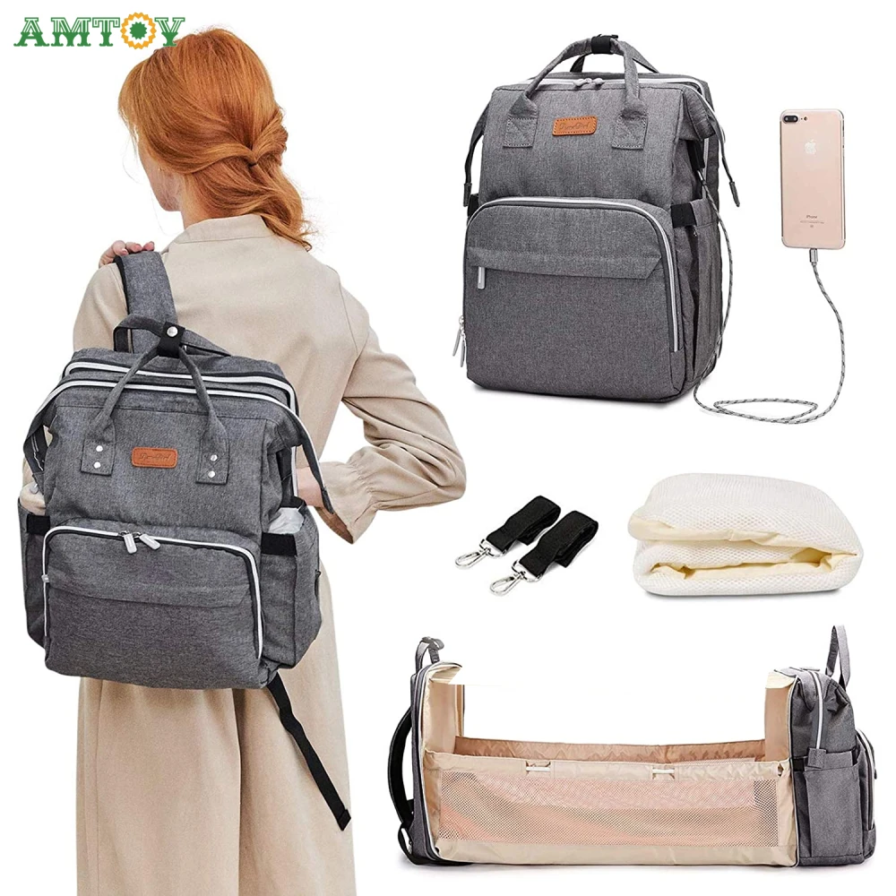 Bolsa de pañales para bebé, mochila plegable de viaje, bolsa de mamá para dormir portátil, Moisés de bebé de gran capacidad con puerto de carga USB|Bolsas para pañales| -