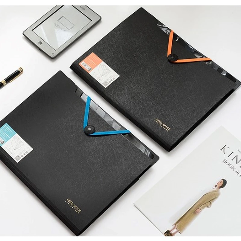 A4 Black Folder 8 Layers Elastic Fastener Carpeta Classification Paper File Bag Waterproof Thickened Document Storage Organ Bag