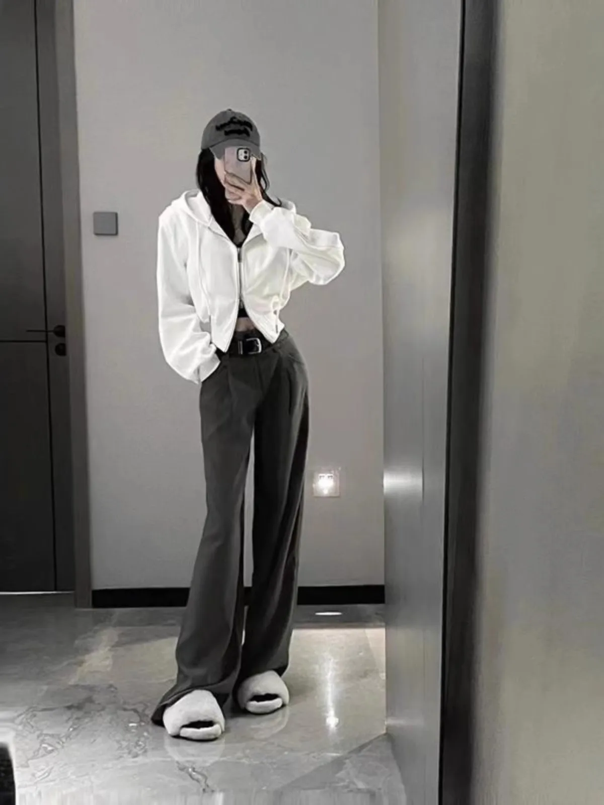 Thiened Hoodie Women's Faion oulder American Sle Slim Fit ort Coat Double Zipper White Spring Autumn Korean Version