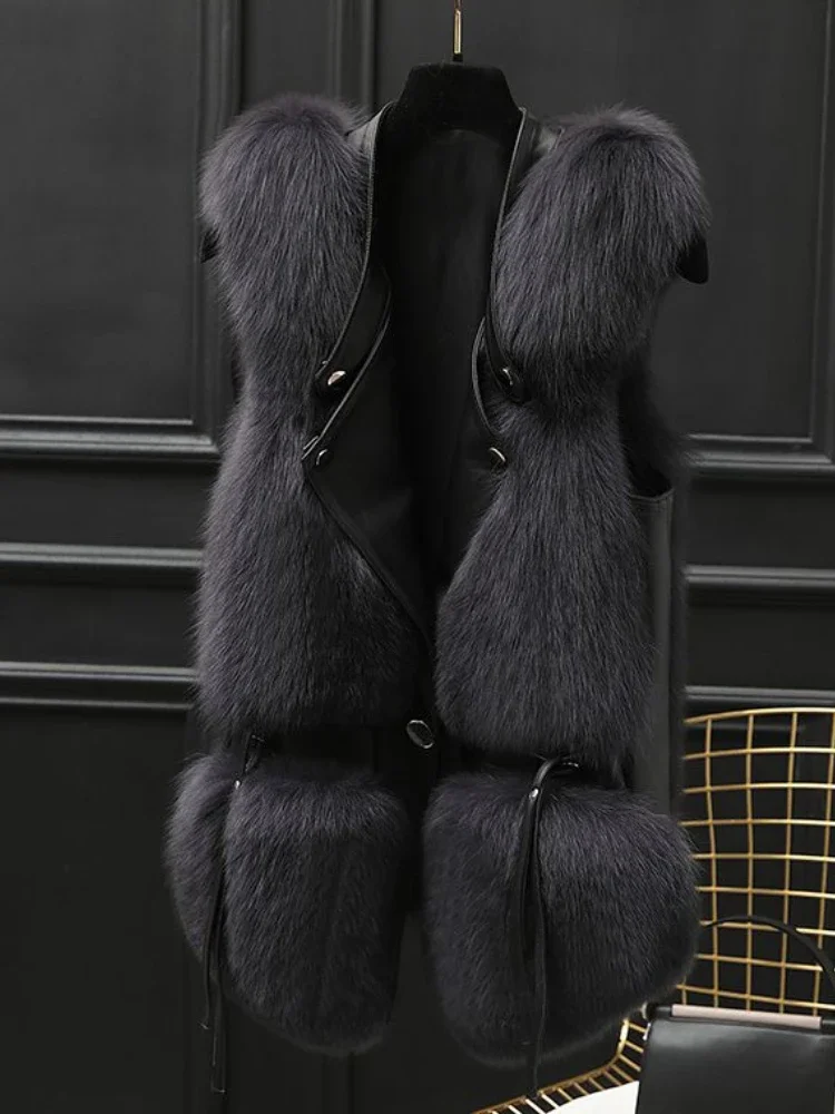 Female Waistcoat New Autumn Winter Imitation Fox Hair Vests Top Patchwork Stand Collar Sleeveless Fur Jacket Elegant Women Coat