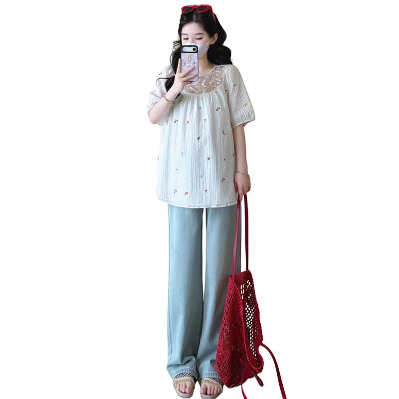임산부 여름 신상 스플라이스 자수 얇은 디자인 감각 여성 셔츠 재미있는 과일 한국 버전 반팔 라운드넥