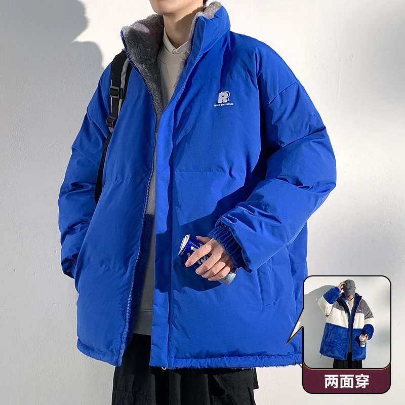 

Winter Reversible Fleece Coat Men Parkas Warm Loose Patchwork Couple Cotton Coat Oversized Streetwear Male Plush Coats