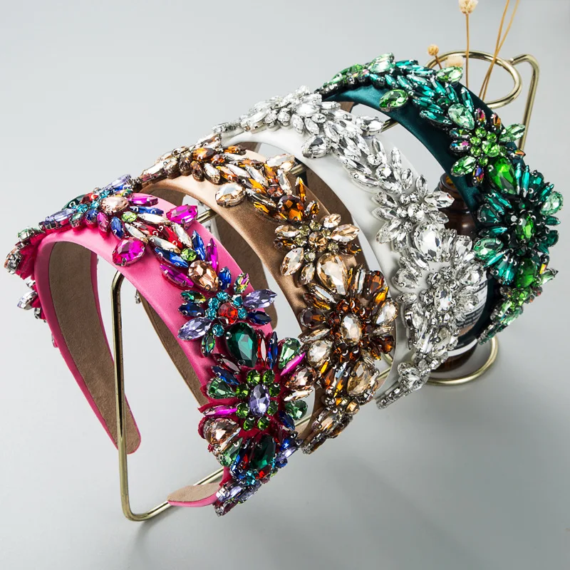 

Роскошная повязка на голову в стиле барокко, аксессуары для волос, Женская Ручная работа, цветные стеклянные стразы, цветочный обруч для волос с широким покрытием