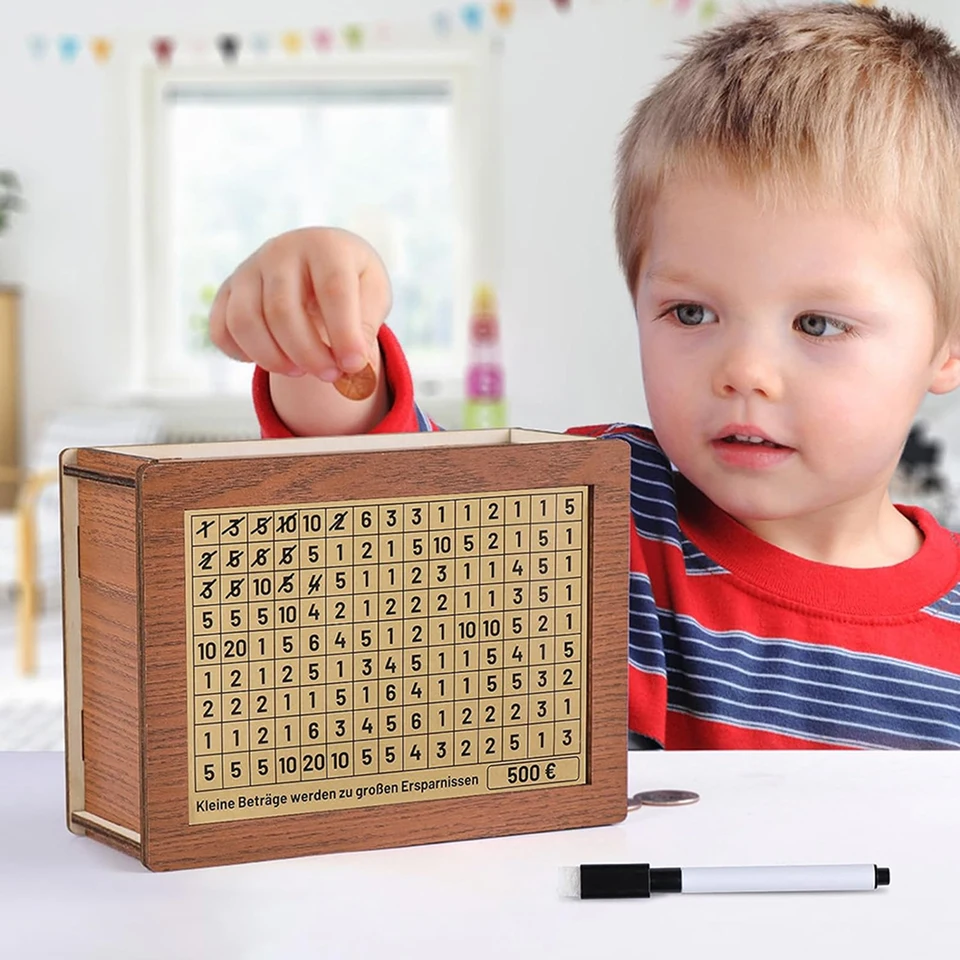 Tirelire En Bois Rétro Avec Compteur – Pour Enfants Et Adultes – Avec Marqueur, étiquettes Et Attaches à Billets