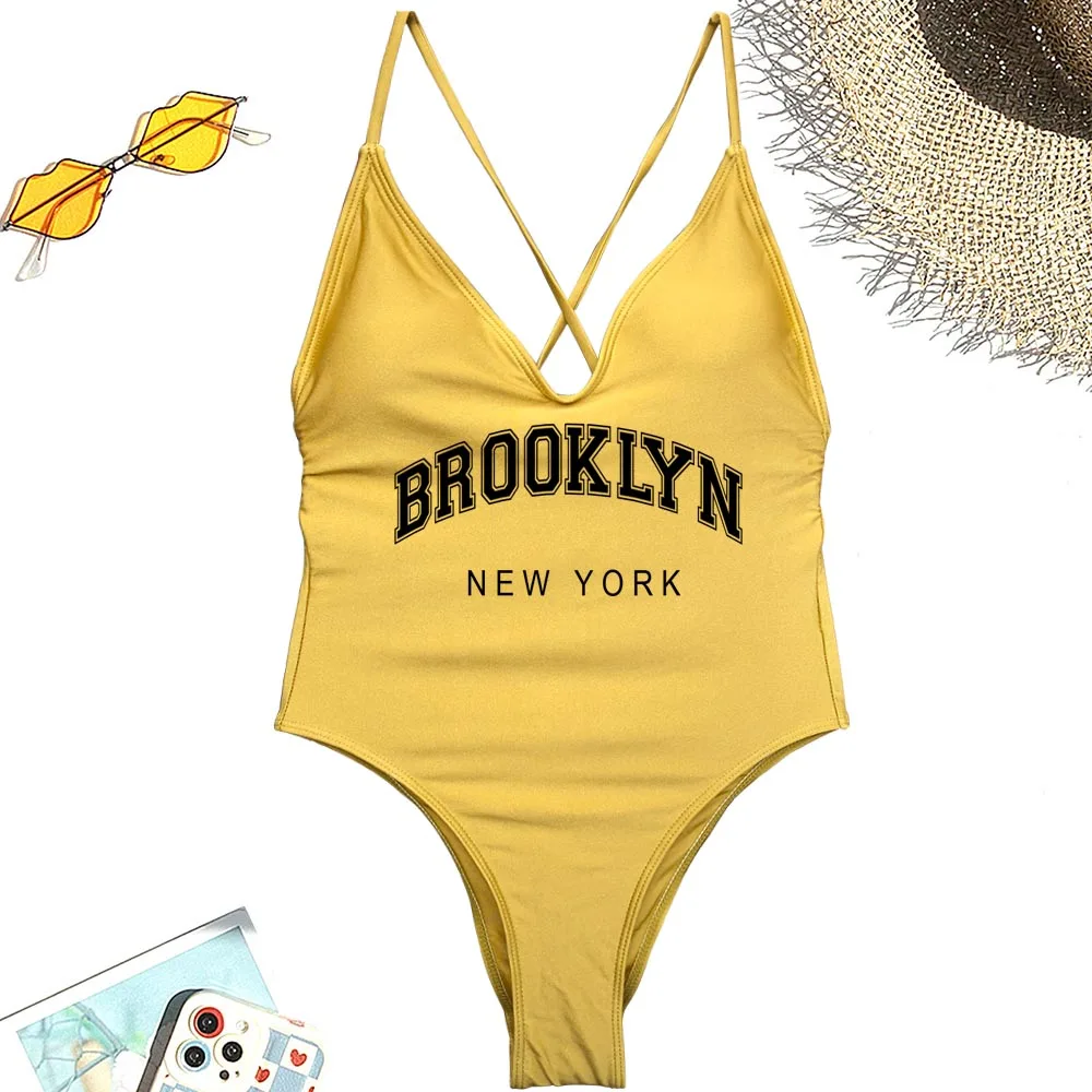 S-XL Brooklyn New York Printed Padded One-Piece Swimsuits Women Vintage Swimwear Lace-up swimsuit Swimming Bathing Suits