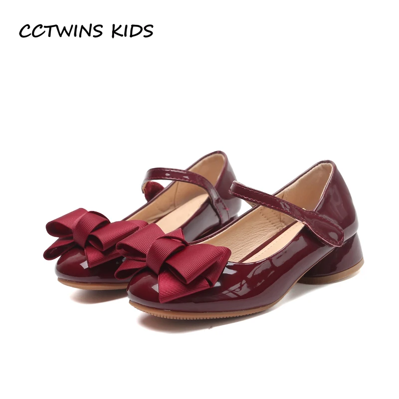 Kids Girls Party Princess Bow Shoes Pu Leather Mid Heel CCTWINS G1126