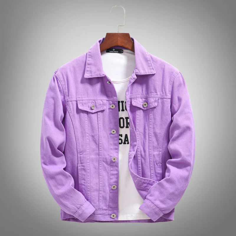 Vintage Spring Autumn Purple Slim Denim Jacket Men Clothes Trendy Motorcycle Youth Streetwear Casual Jeans Jacket Coat