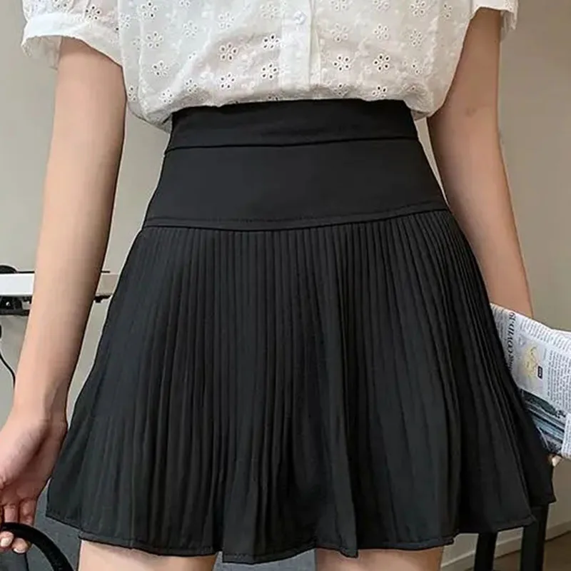 

summer high waist short skirt female korean sexy slim fit pleated skirts women college style black white Anti-glare A-line skirt