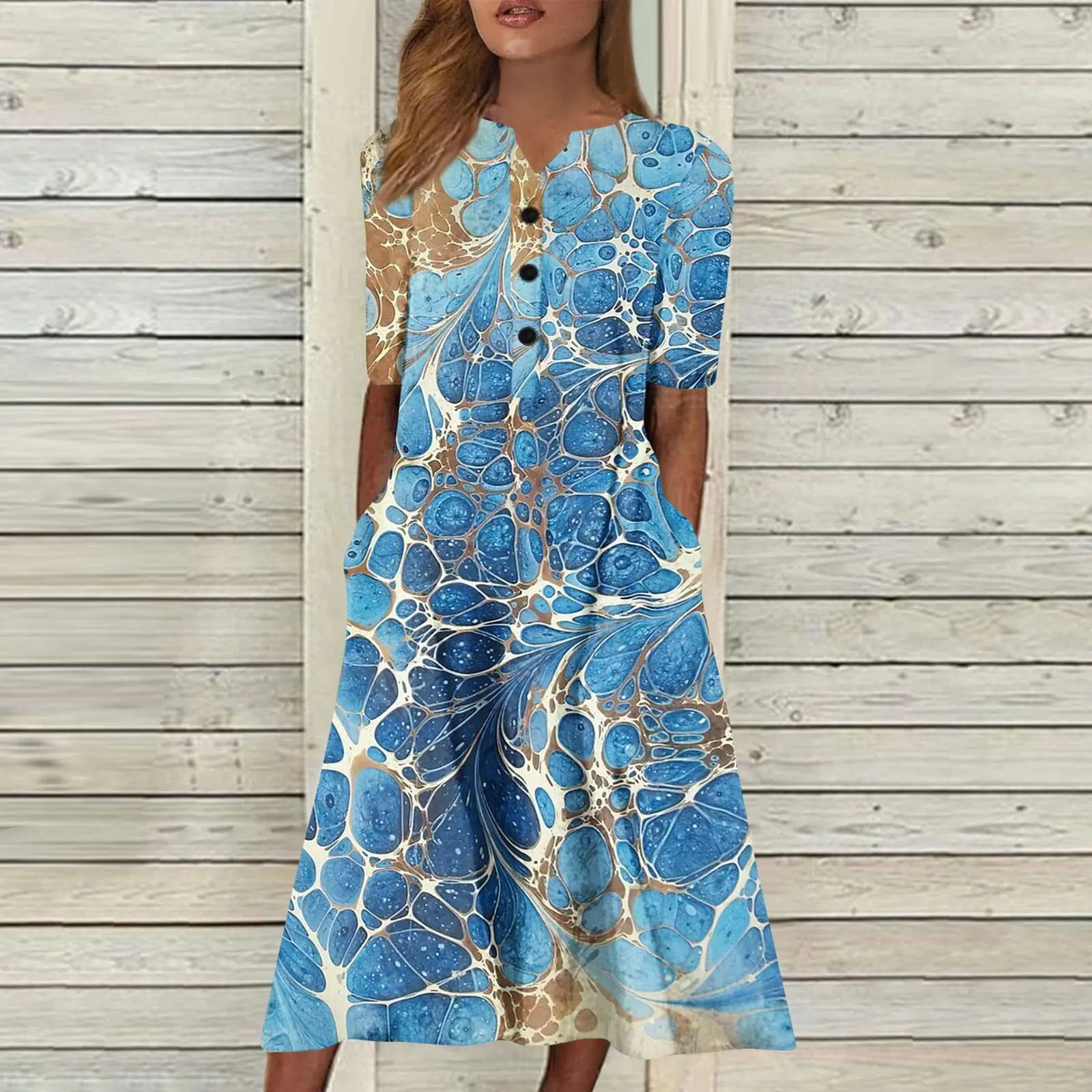 Floral Print V Neck Short Sleeve Knee Length Dress for Women