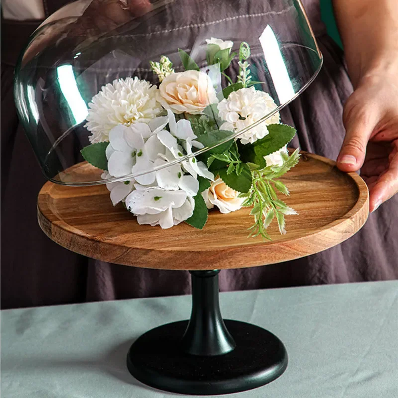 Wooden cake pan High foot Dessert plate Display stand Wooden tray Dim sum dish Bread plates Fruit plate Cake plates Glass cover