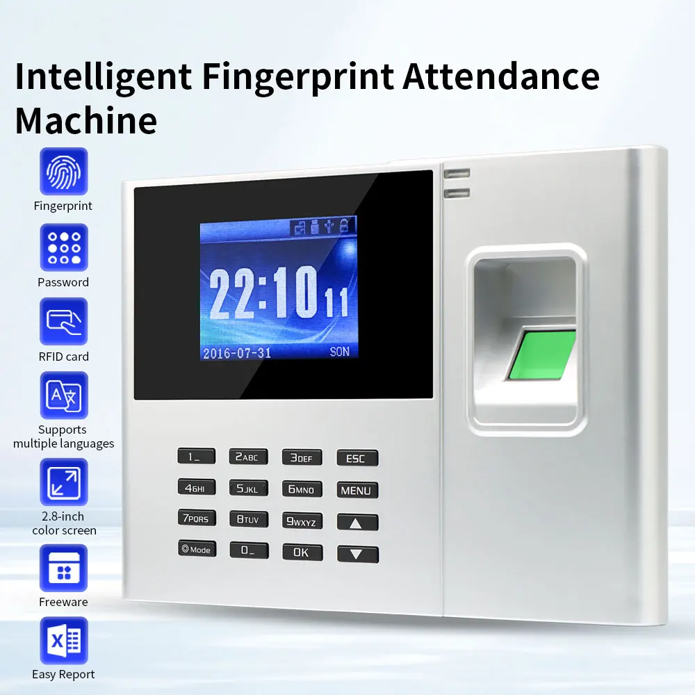 스마트 출석 기록기 지문+번호+RFID 3-in-1 2.8인치 화면 디스플레이 USB 데이터 관리 직원 출퇴근 기록기