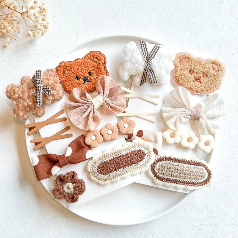 Cartoon Baby Girl Hair Clips Cute Bear Children Hairpin Bowknot Knitted Flower Kids Barretees 9Pcs/Set