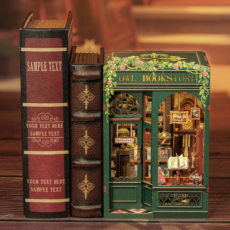 CUTEBEE DIY Book Nook Miniature Wooden Dollhouse with Lights Bookshelf Insert Kit 3D Bookend Decor Toys for Gifts Owl Bookstore 3