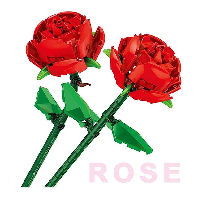 Valentine's Day Red Rose Flower Building Blocks DIY Plant Potted Bouquet 3D  Model Home Ornaments Kids
