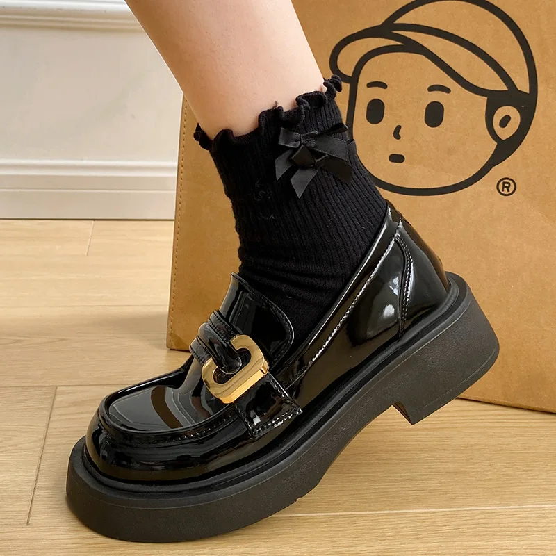 

Casual Woman Shoe Clogs Platform Oxfords Black Flats Round Toe Autumn Loafers With Fur Female Footwear British Style Creepers Le