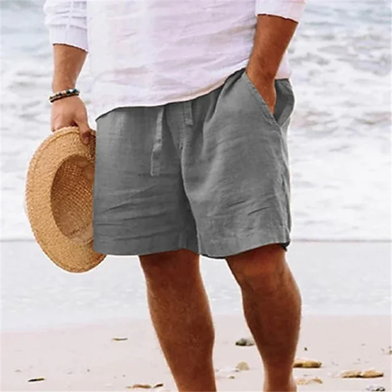 Summer Men's Casual Shorts Linen Cotton Breathable Solid Color Drawstring Elastic Waist Straight Five Pants Daily Beach Shorts