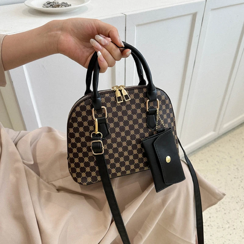 Luxury Shell Fashion Women's Handbag Simple Shoulder Bag Plaid Print Crossbody Bag with Mini Purse