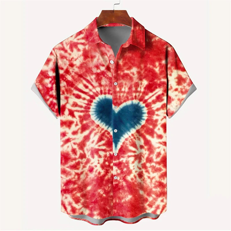 Nueva camisa de moda para hombre con estampado 3D, de verano, de manga corta, con una sola fila de botones, holgada, de gran tamaño, con estampado de corazón amoroso, tendencia, camisas unisex