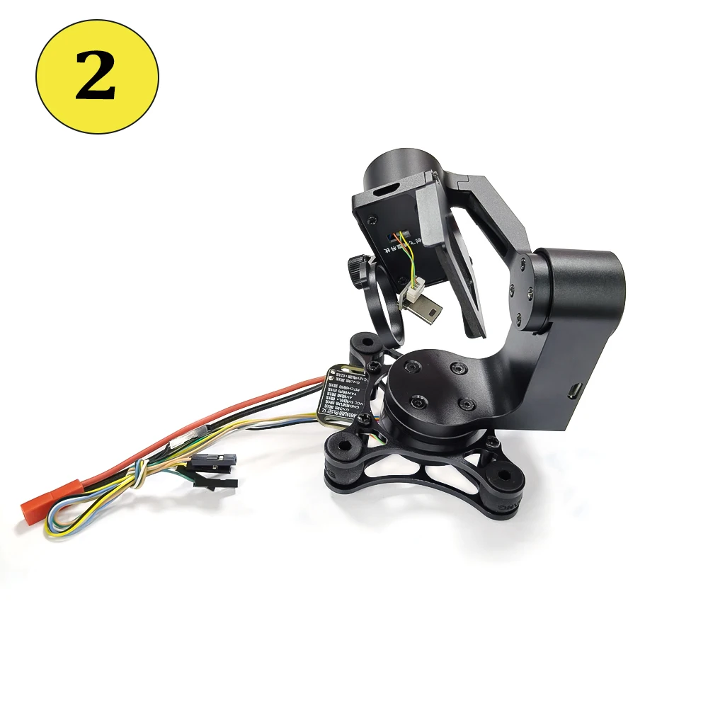 Gimbal 3 axes pour GoPro fixé sur un trépied, montrant son design compact et sa télécommande.