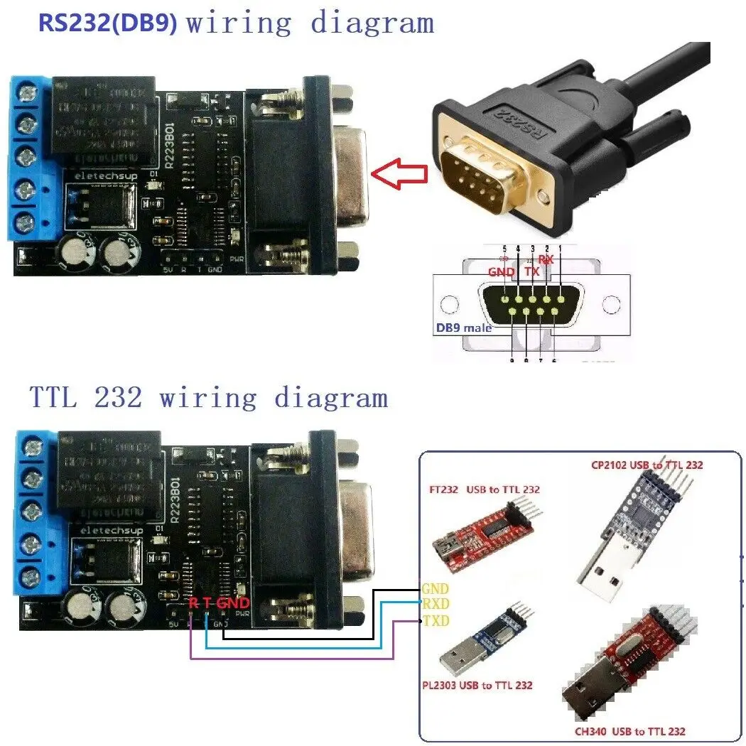 2 in 1 명령 제어 스위치 보드, 12V RS232 TTL232 PC COM DB9 직렬 UART PLC 지연 릴레이 AT 8 바이트