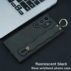 Luxury Leather Wristband Phone Case with Hand Strap and Stand - Pure Color Wave Design - Samsung S22 (Black)