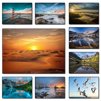 Sunset Mountains Sky Posters Sea Landscape Canvas Painting Natural Scenery Wall 1